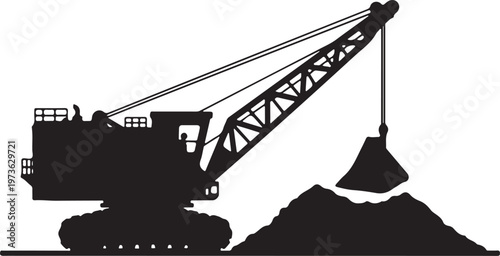 Silhouette of a Heavy Mining Dragline Excavator on White Background