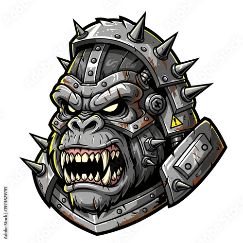 Ferocious Gorilla Head in Spiked Metal Armor Illustration.