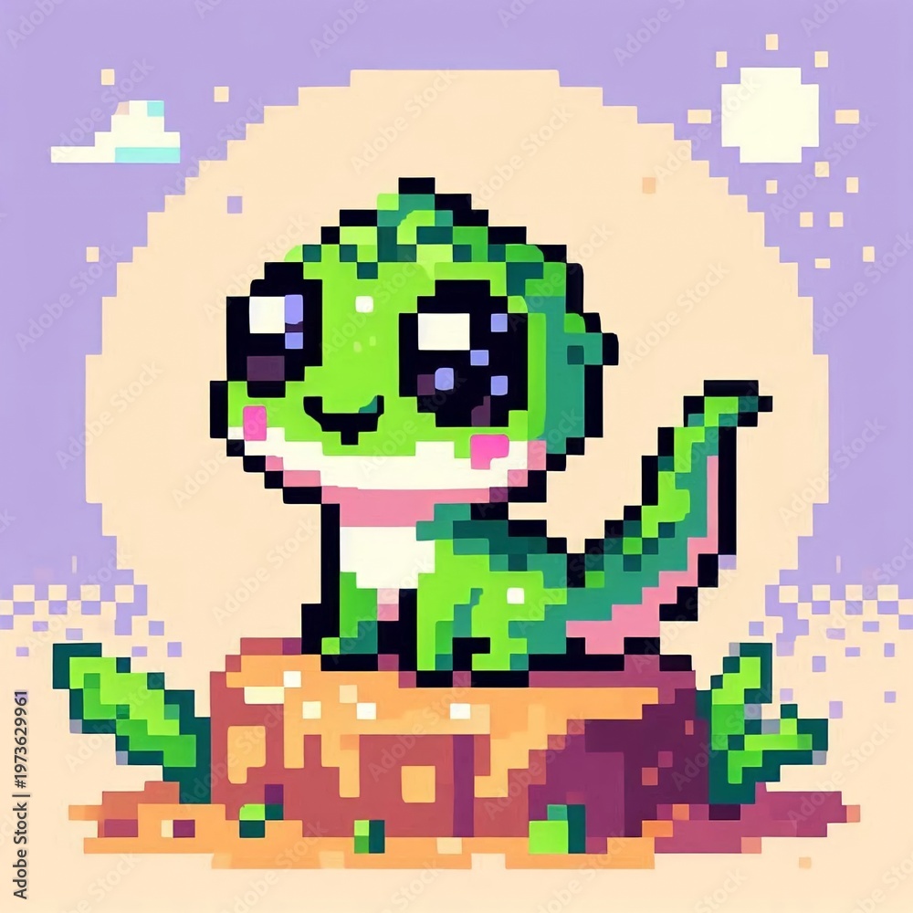 Obraz premium Pixel Art Kawaii Green Dino Sitting on a Rock with a Large Pastel Moon Background