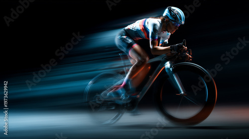 Female cyclist racing in dynamic motion against dark backdrop.