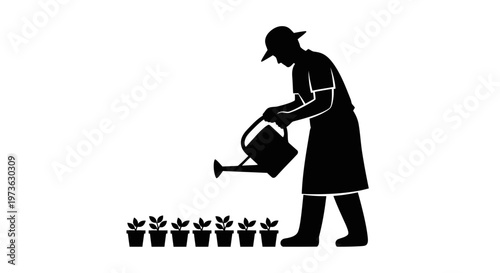 Gardener watering plants in pots with a watering can.