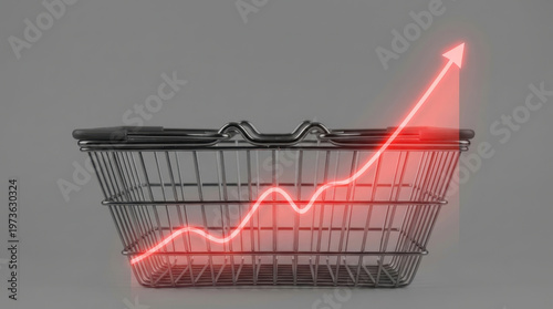 Shopping basket with an upward trending red graph indicating increased sales or economic growth.