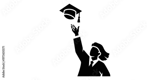 Graduation celebration with a student throwing a cap in the air.