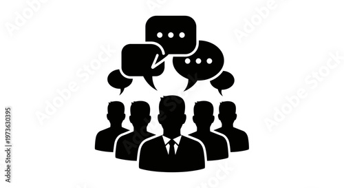 Group of people with speech bubbles above them.