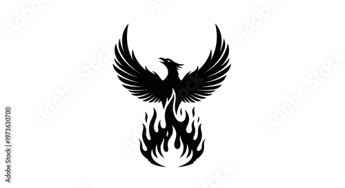 Majestic Phoenix Rising from Flames Black and White Illustration.
