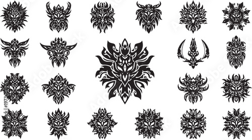 Collection of unique tribal monster face designs and symbols