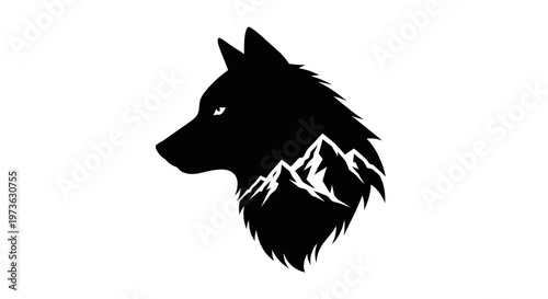 Majestic Wolf Head Silhouette with Mountain Landscape Illustration.