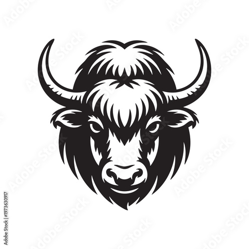 Black and white illustration of a yak s head facing forward