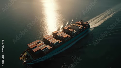 Container ship sailing through strait of hormuz trade route with calm ocean water and wide horizon