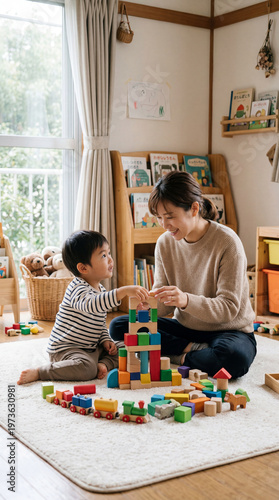 Mother kindly playing with her child using wooden toys on the floor of a sunny room