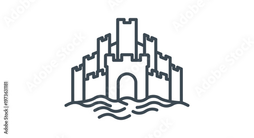 castle icon fortress illustration standing in stylized water depicting ancient architecture perfect for historical protection themes.