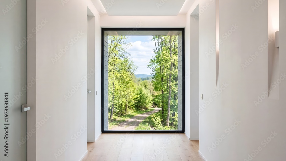 Fototapeta premium Modern interior hallway with large window looking out to green forest view