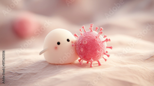 A 3D model of white blood cell capturing virus in the human body, a mechanism of the human immune system.