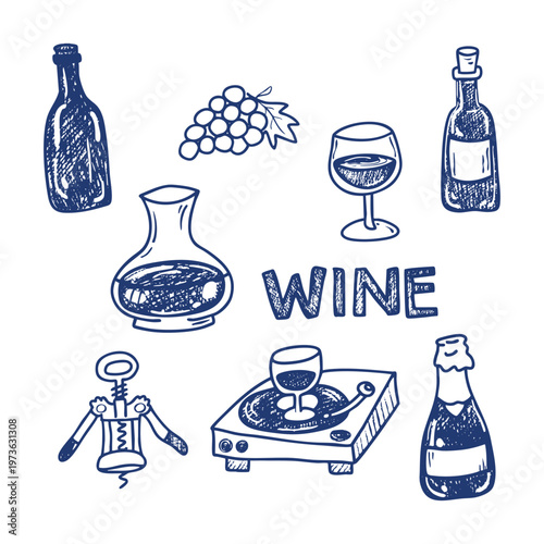 Set of wine theme illustrations: wine bottle, glasses, snacks, cheese board and corkscrew, hand-drawn whimsical doodle