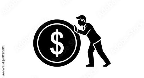 Man pushing large dollar coin.