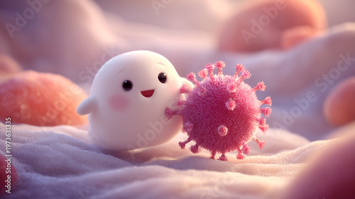 A 3D model of white blood cell capturing virus in the human body, a mechanism of the human immune system.