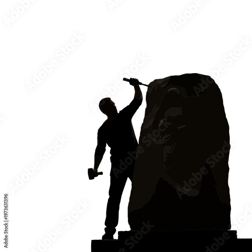 Man sculpting a large stone statue.