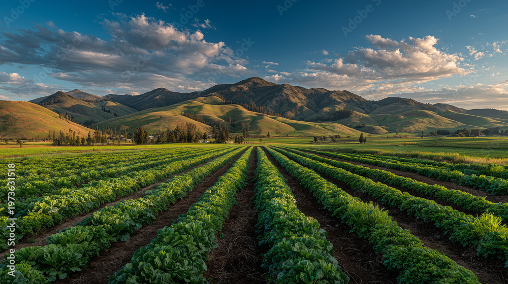 Naklejka premium Panoramic view of organic vegetable farm with mountains.