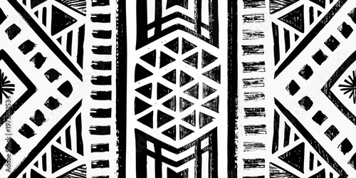 Bold black and white geometric pattern with tribal and abstract elements