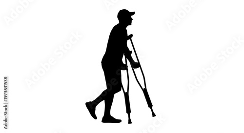Man walking with crutches slowly outside.