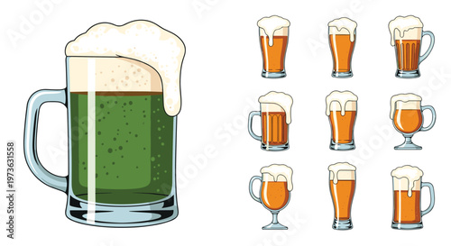 Variety of beer glass styles filled with amber lager and topped with thick white foam including one glass with green beer.