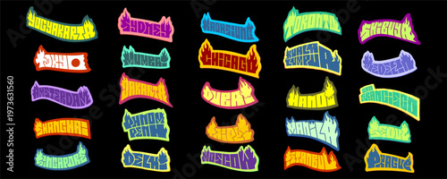 Big Bundle Set of 25 World City Names in Bold Graffiti Tag Sticker Style with Urban Lettering and Street Art Element on Black Background