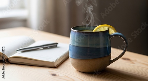 Steaming Lemon Tea with Notebook and Pen on Wooden Desk, Cozy Workspace