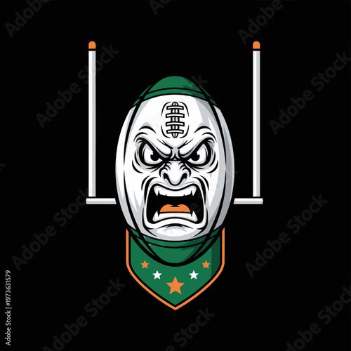 Aggressive Rugby Ball Mascot with Goalposts and Banner.