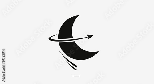 Minimalist black crescent moon with an orbiting arrow and a stylized base.