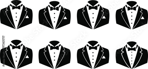 Elegant tuxedo icons set stylish black tie attire illustrations for formal events and fashion design projects