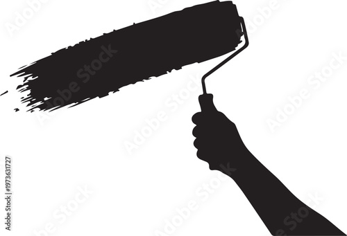 Silhouette of a hand holding a paint roller with a black paint stroke