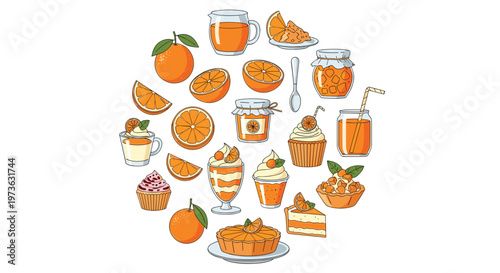 Delicious orange flavored dessert collection arranged in a circle including cupcakes, cake slices, tarts, jam, juice, and fresh oranges.