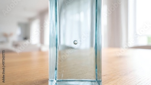 Single air bubble trapped inside a tall clear glass vase on wood table
