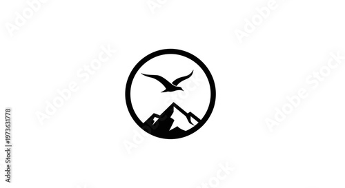 Minimalist circular logo featuring a soaring bird above majestic mountains.