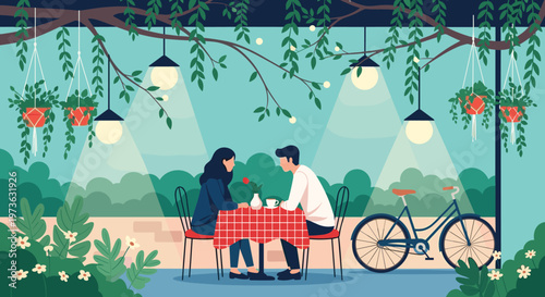 Romantic couple enjoying a dinner date at an outdoor cafe at night surrounded by glowing lights and lush green plants.