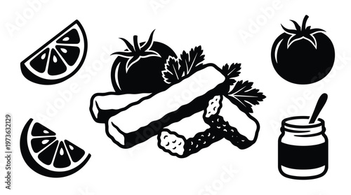 Food elements silhouette lemon slices tomatoes and preserves.