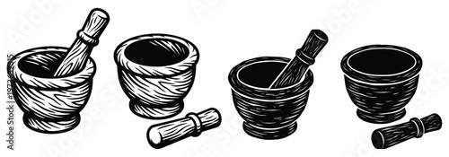 Set of four vintage woodcut style mortar and pestle illustrations.