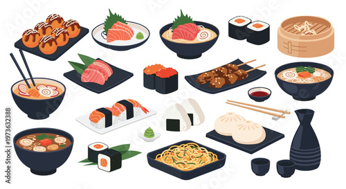 Extensive collection of traditional japanese food including sushi, ramen, sashimi, takoyaki, dumplings, noodles, and sake with cups.