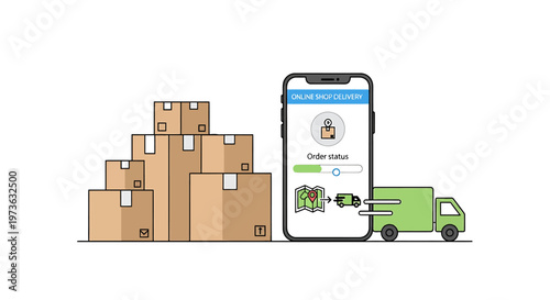 Delivery service app with truck and boxes illustration.