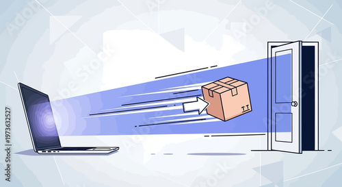 Fast package delivery from laptop to door concept illustration.