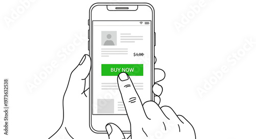 Hand holding smartphone and pressing buy now button on screen.