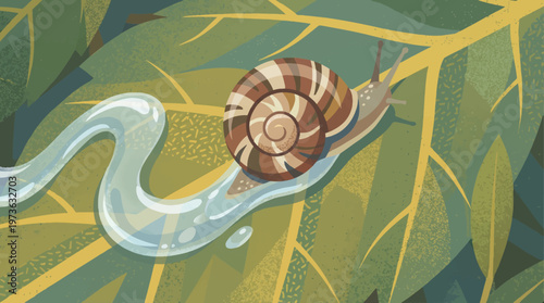 Snail on leaf with slime trail slow living nature