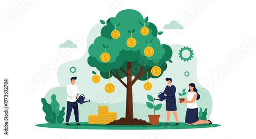 Team of business professionals waters money tree with gold coins on branches to represent successful long-term investment and financial growth.