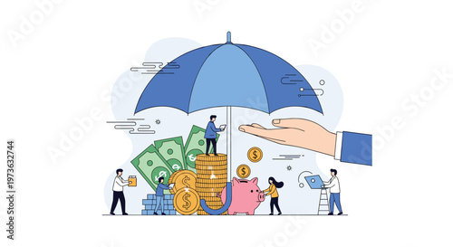 Giant blue umbrella provides financial protection and insurance for group of people saving money in coins, bills, and pink piggy bank.