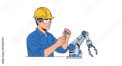 A focused worker wearing a yellow hard hat and safety goggles carefully adjusts a small robotic arm component in a bright and professional workspace.