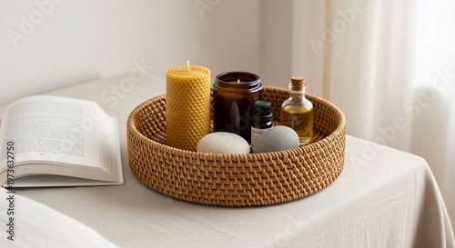 Still Life with Candles, Oils, and Stones in Wicker Basket on Table with Book