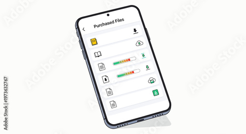 Smartphone displaying purchased files on screen.