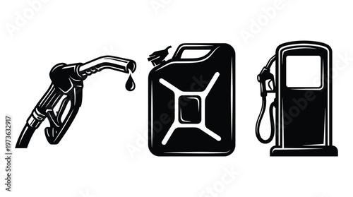 Fuel pump nozzle and gas canister with station icons vector graphics.