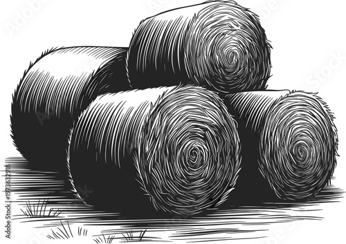 Hay bale stack sketch illustration, vintage engraved farm straw rolls agriculture harvest design