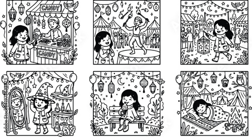 Black and white line art illustrations of girl enjoying lantern festival night with candy stall fire performer witch costume bench scene and sleeping under starry sky